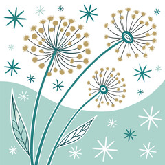 Three dandelions with green stems and leaves, golden seed heads, surrounded by teal and white stars on a light blue background