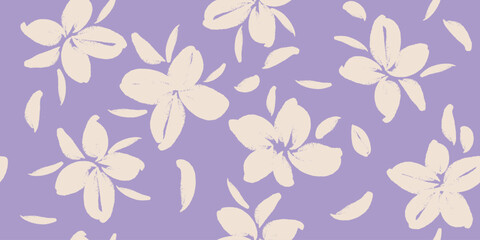Hand drawn flowers on purple backgrounds, seamless patterns with floral for fabric, textiles, clothing, wrapping paper, cover, banner, interior decor.