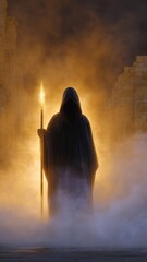 Ghost Warrior Holding Glowing Staff Amidst Misty Ancient Ruins