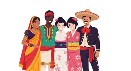 Five people from diverse cultures wearing traditional clothing, standing together and smiling against a white background.