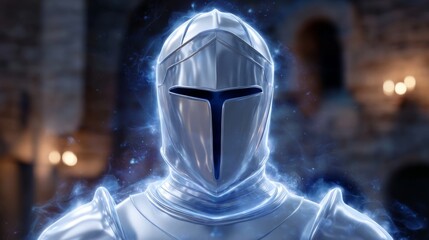Fototapeta premium Ghostly Knight in Shining Armor Illuminated by Blue Light in Medieval Castle Setting