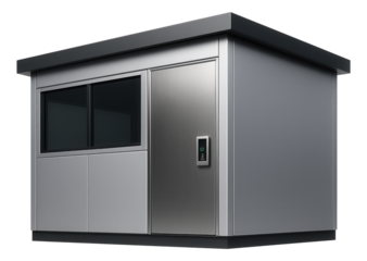 A secure high-tech shed with biometric access, used for sensitive equipment storage at a research facility.