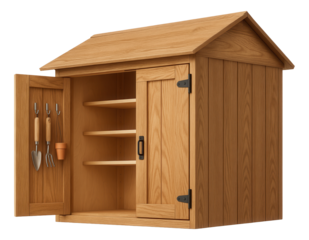 Wooden tool shed for a rural property, with shelves and hooks inside to organize hand tools and pots.