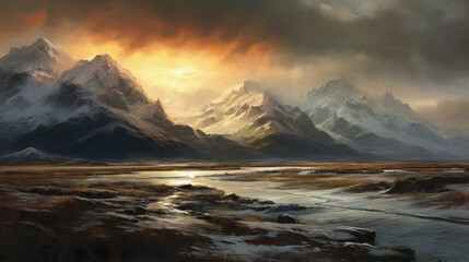 Illustration of majestic mountain landscape in autumn. Snow capped mountains in the background. Breathtaking scenery basking in dramatic light.