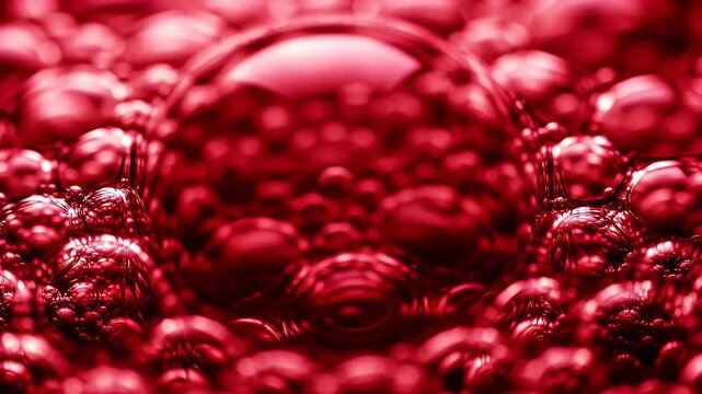 Abstract Red Bubbles Liquid: Close-Up Macro Video Footage with Shimmering Reflections and Deep Crimson Tones for Backgrounds