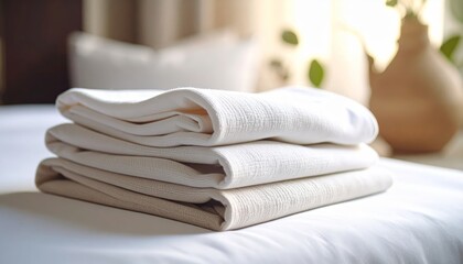 Stack of freshly folded towels on a made bed, creating cozy and inviting ambiance