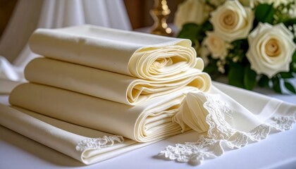Neatly folded laundry, a stack of fresh, soft sheets on table, ready for storage