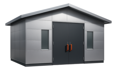Large aluminum storage building for a public park, designed to house maintenance equipment and provide easy access for staff.