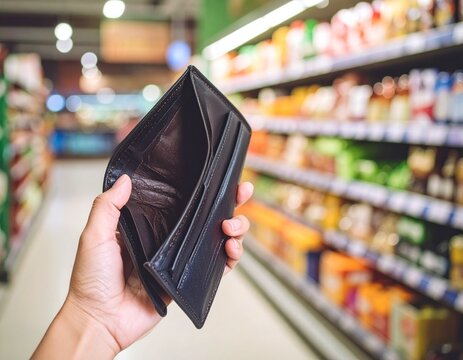 Leere Geldbörse vor Supermarktregal – Symbolbild für Inflation und Kaufkraftverlust