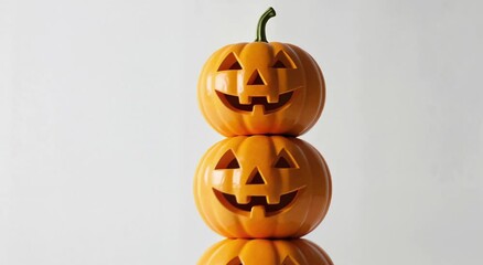 Stack of three mini jack-o'-lanterns on a white background. Soft shadows, minimal spooky composition with slow forward zoom. Perfect for Halloween themes with text placement.