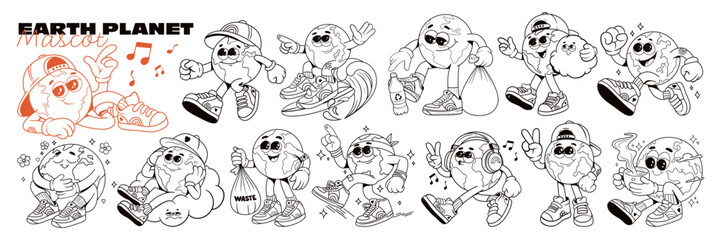Retro groovy characters planet earth. Mascot Characters in various poses. The concept of protecting the environment and the planet. In retro monochrome palette.