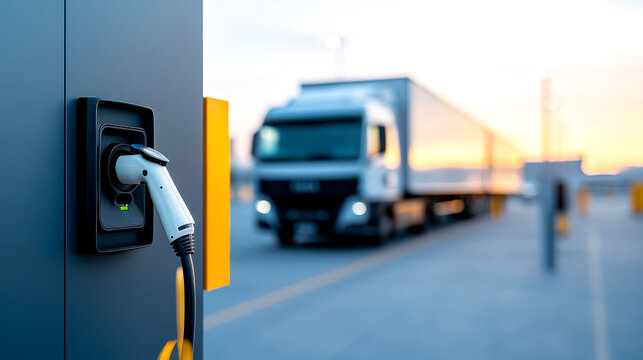 An electric charging station powers a modern semi-truck on an open road at sunset, highlighting sustainable transport technology.