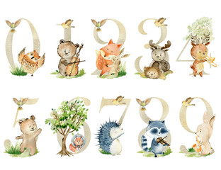 Watercolor musical animals numbers for invitation card, nursery poster and other.