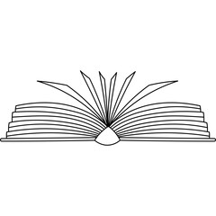 Lovely outline book lying and wide open 180 degrees with pages. Cute hand drawn academic textbook, dictionary, recreational literature. Library, bookstore, reading doodle isolated on background.