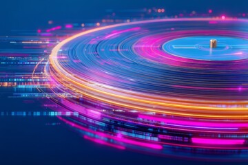 A vinyl record spinning is captured in close-up under dramatic lighting