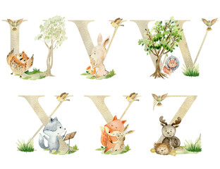 Watercolor musical animals letters for invitation card, nursery poster and other.
