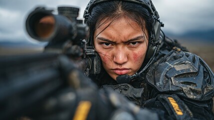 Obraz premium In the midst of morning fog, a wooded area serves as the backdrop for a young adult woman, possibly a teenager, holding a rifle, implying a story of war or rebellion that is fictional