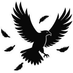 Obraz premium A black silhouette of an eagle with feathers flying around it