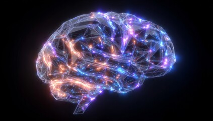 Vibrant neon brain composed of glowing polygons, created by stock