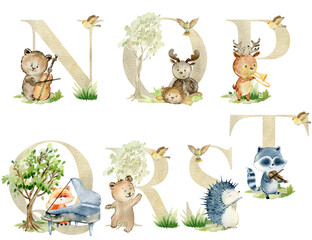 Watercolor musical animals letters for invitation card, nursery poster and other.