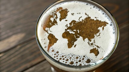map of the world painted on beer foam in a beer glass view from above