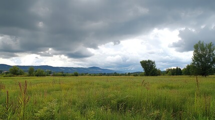 Serene landscape with a vast meadow under a dramatic, cloudy sky, rolling hills in the distance