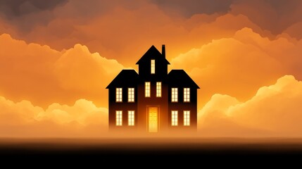 Silhouette of a Haunted Mansion at Sunset with Glowing Windows and Dramatic Clouds