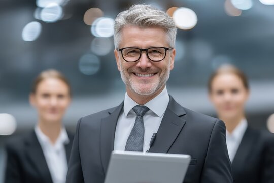 At their workspace, a team of colleagues, including a mature Latin businessman and a European businesswoman, work together as a diverse group of partners, focusing on a project displayed on a tablet