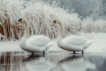 Obraz premium Two graceful swans gliding on a snowy winter lake at sunrise surrounded by reeds and ice reflections, generative ai
