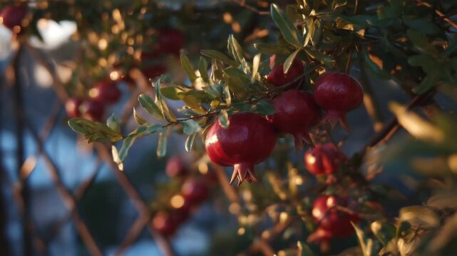 Pomegranate clusters with leathery skins dangle heavily from vines trained across iron supports, glowing in golden hour sun