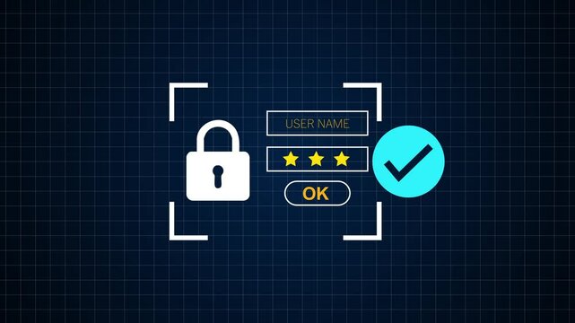 Security concept featuring a padlock, user name, and scanning frame on a grid background.