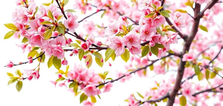 Delicate watercolor cherry blossom tree, vibrant pink flowers, green leaves, spring branches, white background, spring, graphic - Powered by Adobe