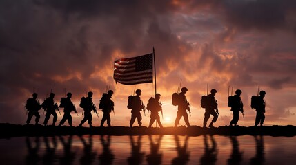 Soldiers Marching with American Flag at Sunset on Independence Day
