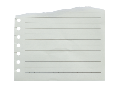 notebook paper with torn edges stuck on transparent background.