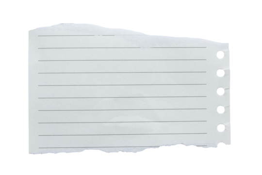 notebook paper with torn edges stuck on transparent background.