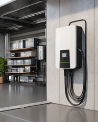 Concept of a home battery packs alternative electric energy storage system, a modern home garage wall as backup or sustainable energy concepts. MZ 