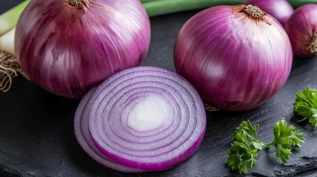 Close-up of three whole red onions and a sliced red onion on a dark surface with green onions and parsley.
