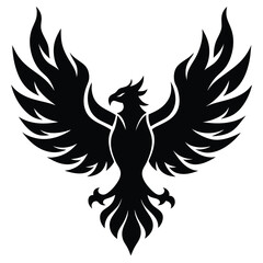 Obraz premium A stylized black phoenix with wings spread on a white background silhouette