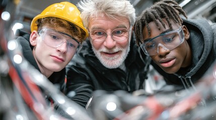 A seasoned engineer guides inexperienced trainees within a manufacturing facility