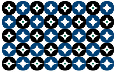 seamless geometric pattern with blue circles. Ethnic Indonesian floral batik background in a modern style with a seamless pattern in black, blue, and green. Floral background design art 