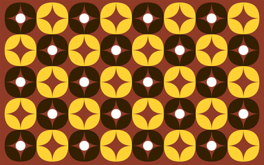 seamless pattern with gold and white stars. Ethnic style Indonesian batik background with a floral pattern in brown and yellow, featuring a seamless design and geometric floral motifs. Floral design
