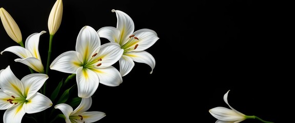Elegant white lilies arranged against a stark black backdrop, loss, announcement