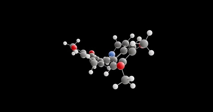 Papaverine molecule, rotating 3D model of central alpha-agonists, looped video on a black background
