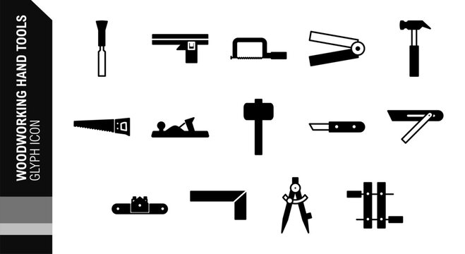 chisel, combination square, coping saw, folding ruler, hammer, hand saw, jack plane, mallet, marking knife, sliding bevel square, try square, wing divider, wood clamps black glyph black icon set
