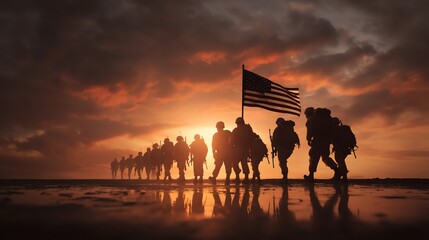 Soldiers Marching with American Flag at Sunset on Independence Day