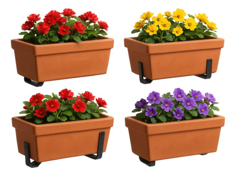 Terracotta planter boxes for a garden apartment, mounted under windows to display vibrant flowers.