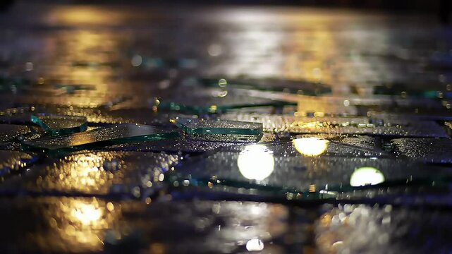 Close-up of shattered glass on a cobblestone street