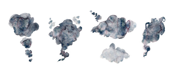 Abstract organic gray and magenta pink gradient watercolor smoke and fume shapes. Watercolour set of hand painting indigo clouds illustration for textured steam design, storm background, stamp