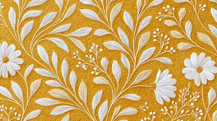 Elegant Floral Wallpaper Design with Golden Background and Detailed Texture