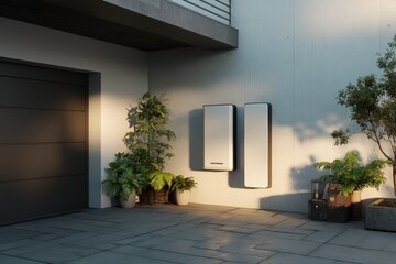 Concept of a home battery packs alternative electric energy storage system, a modern home garage wall as backup or sustainable energy concepts. MZ 